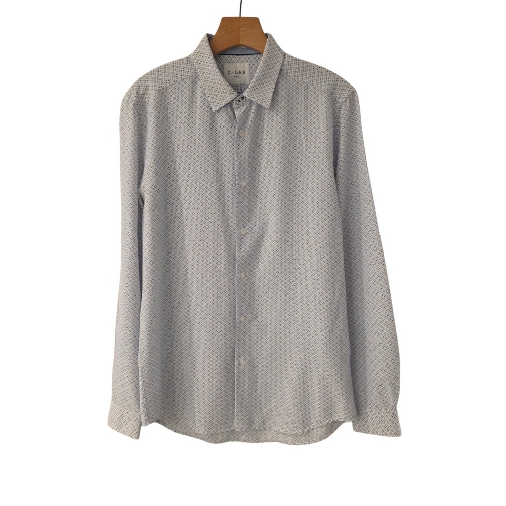 C-LAB NYC Slim Fit 4-Way Stretch Dress Shirt White Blue Geometric 15.5-34/35